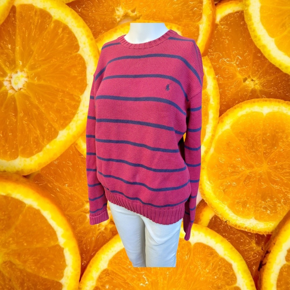 Polo Ralph Lauren Mens Small Red Blue Striped Cotton Crewneck Sweater Pony Logo